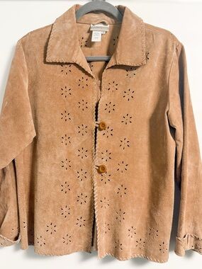Coldwater Creek Suede Leather Jacket M Tan Cutout Whipstitch Y2K